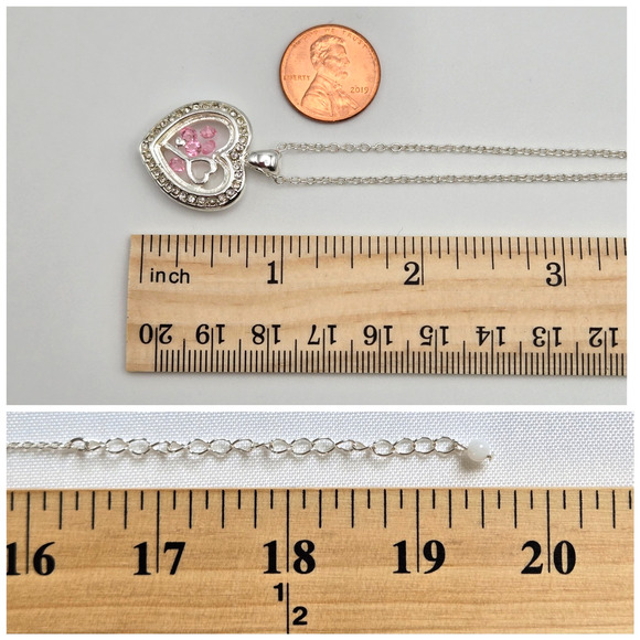 Heart Necklace Silvertone Keepsake Pendant Pink White Rhinestone Dainty Twee NEW - Picture 8 of 12